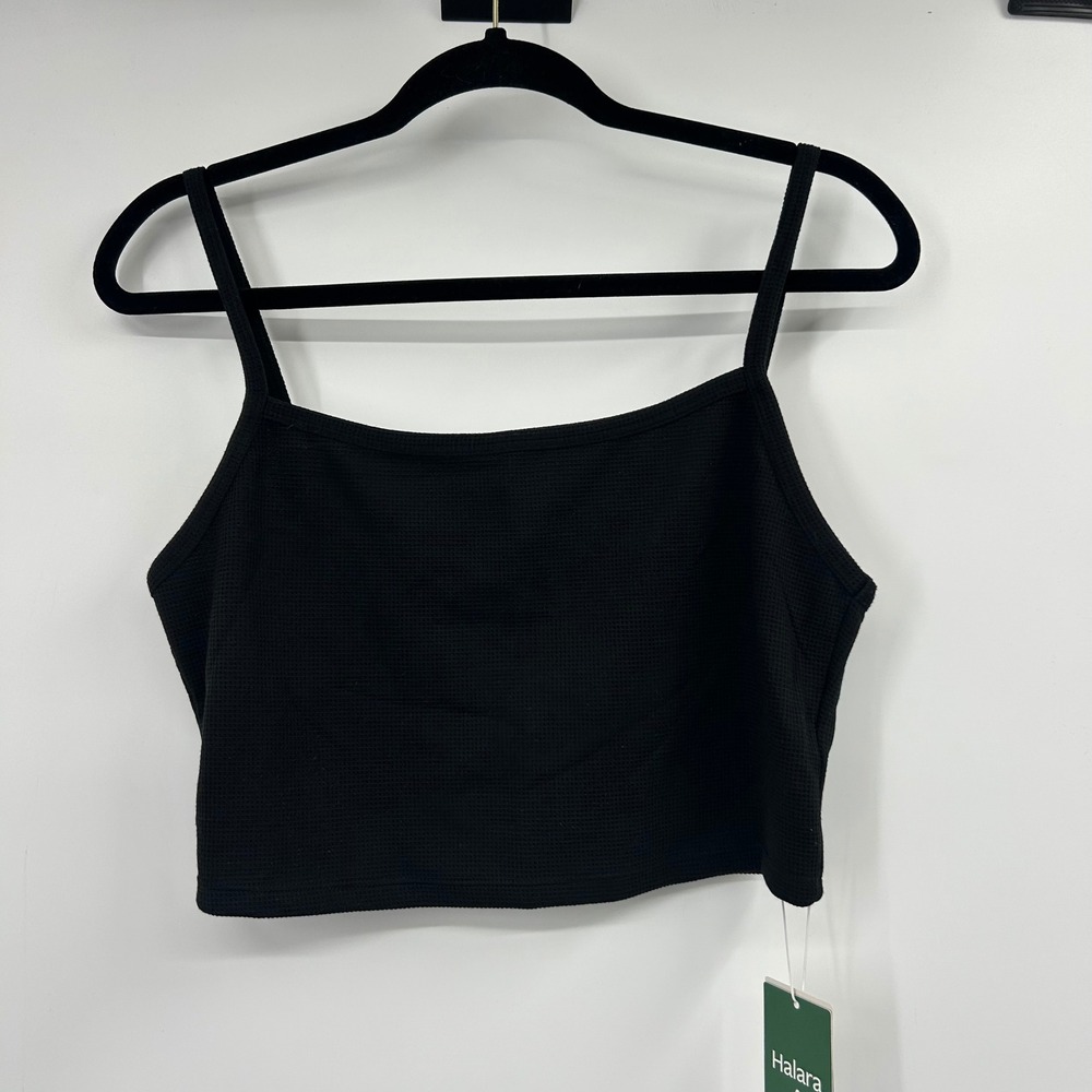Halara Black Waffle Knit Cropped Tank Top Spaghetti Strap Square Neck Medium NWT